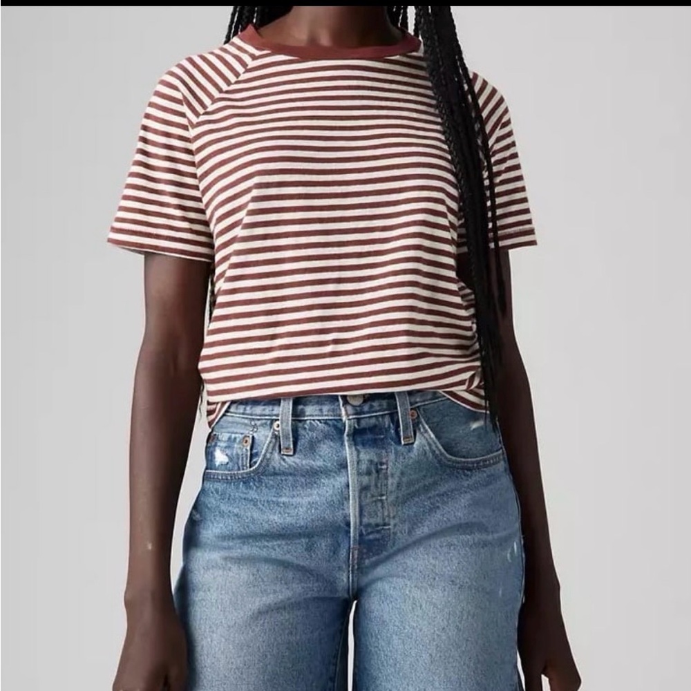 Levis Top Tee Shirt Raglan Striped Cropped Crewneck Soft Wine Burgundy Cream